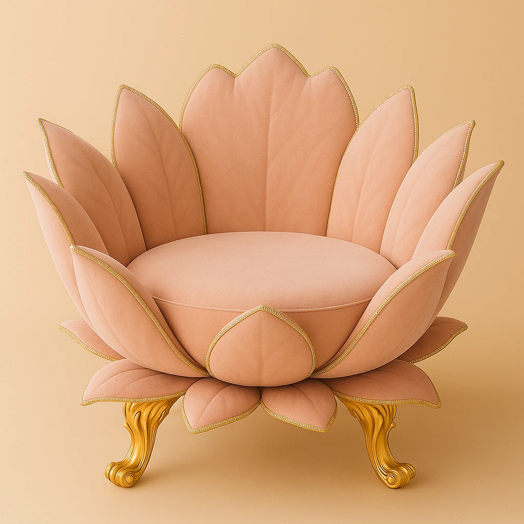 Halle’s original luxury chair concept: layered blush lotus petals with gold edging, a round cushion, and ornate curved gold legs; inspiration for the budget version, whose design is still in development